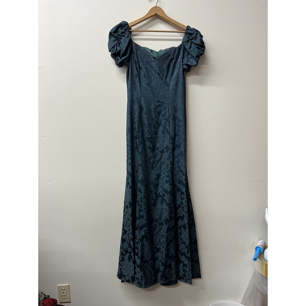 Vintage Jessica McClintock Bridal Dress Womens 11/12 Green Jacquard USA 80s Puff